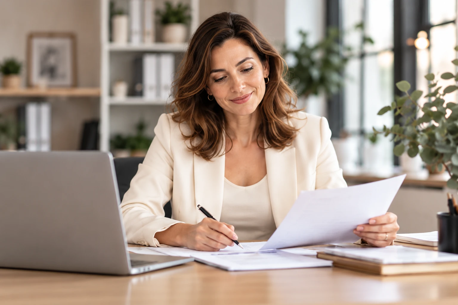 Profesional de gestión administrativa revisando documentación
